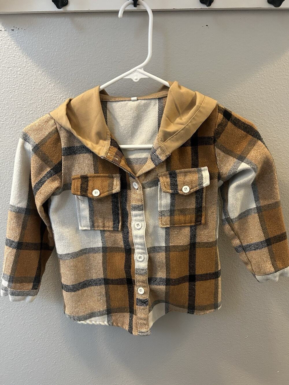Plaid Hooded Button-Up Shirt Boys Brown Beige Black White Long Sleeve- 3-4T